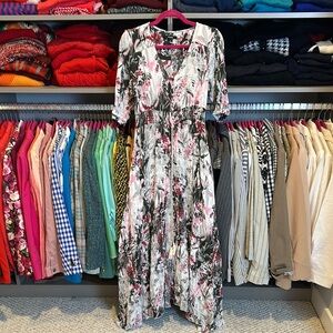 Annabell white/green/pink floral 1/2 sleeve v neck button down maxi dress size S